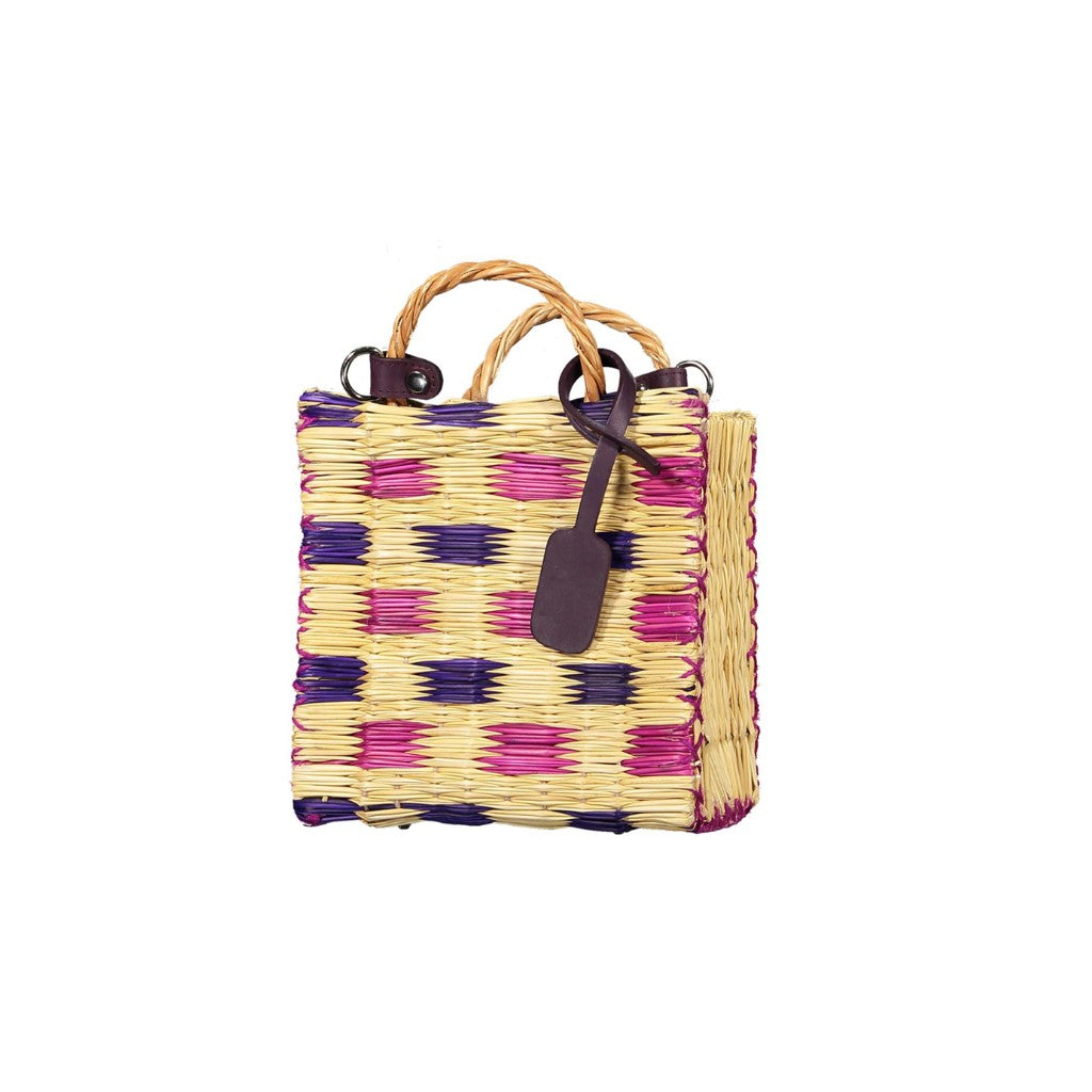 CAMILA - Purple & Pink Squares Organic reed bag Hand-made straw